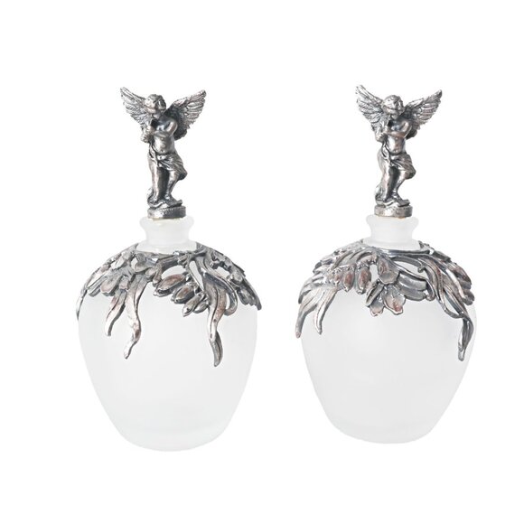 2 Vintage Glass & Pewter Perfume Bottles Winged Cherub Topper Glass - Picture 1 of 10